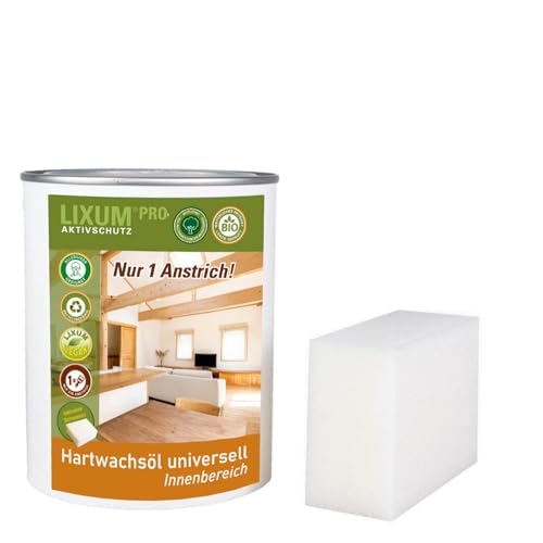 LIXUM PRO - 100% BIO biologisches & natürliches Hartwachsöl universell für Innenbereich/Innen, Farbe:farblos, Inhalt:1000 ml (ca.25m²), inkl.Schwamm