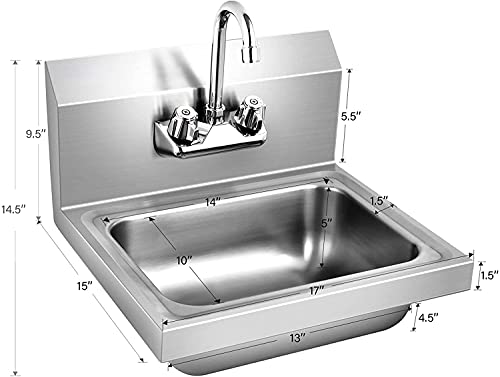 Petsite Stainless Steel Hand Wash Sink With Faucet, Commercial Wall Mount Sink For Home Kitchen 17 X 15 Inch #TOP5