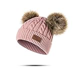Infant Toddler Beanie Woolen Hat Pure Color Winter Twist Double Pom Pom Wool Knitted Cap for 0-3...