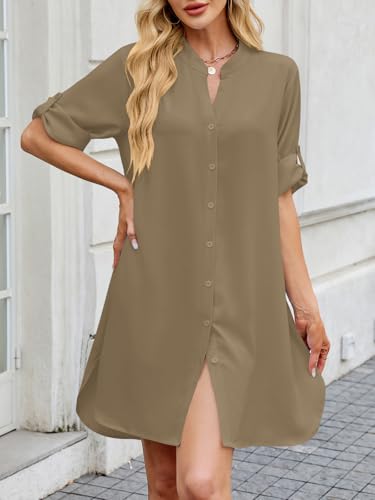 Image of PerZeal Womens Sexy V Neck Button Down Shirt Dresses Summer Short Sleeve Casual Loose Blouses & Button-Down Shifts Cover Ups