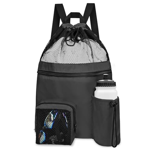 Cidumoa Mochila con Cordón Impermeable Mochila Arena Mochila Natacion Bolsa Piscina Niña Big Mesh Mummy para Hombres Mujer Natación, Gimnasio y Equipo de Entrenamiento Fútbol Americano, Negro