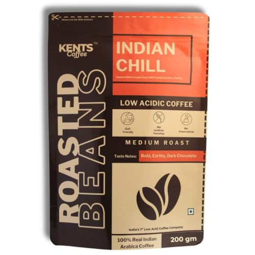 Image of Kents Coffee Indian Chill Roasted Coffee Beans | LOW ACIDIC COFFEE | Whole Bean | Best Medium Roast Bean | 100% Arabica Beans from Chikmagalur Single Estate Speciality Pouch | Taste like Earthy, Bold & Dark Chocolate Notes | Freshly Roasted Everytime (200gm) | Gut Friendly