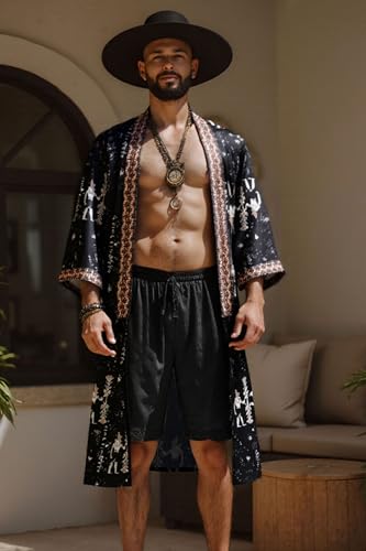 PRODESIGN Mens Satin Kimono Robe - Long Silky Sleepwear Nightgown Egyptian Bathrobe Dressing Gown Cardigan Beach Cover Up3