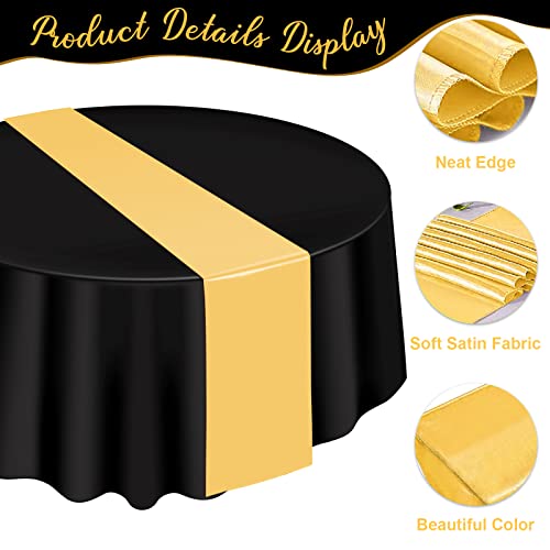 Image of 12 Pack 12x108 Inch Satin Table Runner and 84 Inch Round Plastic Tablecloths Set Black and Gold Disposable Round Table Cover for Graduation Wedding Bridal Shower Anniversary Birthday Party Decorations