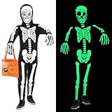 FAYBOX Skeleton Costume for Kids Boys,Glow in The Dark Halloween Costume Skeleton Onesie for Toddler(5-7)