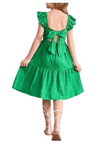 SHENHE Girl's Summer Square Neck Ruffle Sleeveless Tie Back Bow A Line Flowy Boho Sun Dress