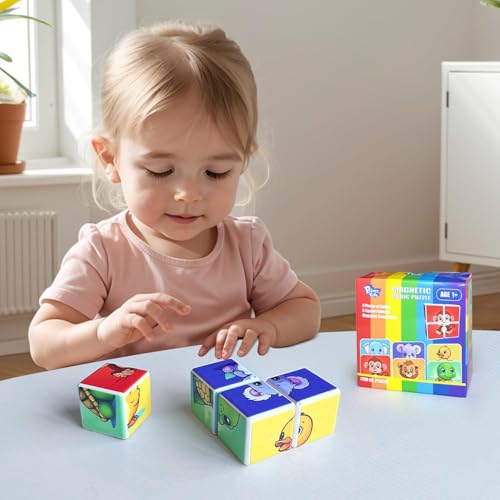 Image of Pairez Toys 3D Magnetic Cubic Jigsaw Puzzle Toys for Toddlers, Large Building Blocks Cubes 1.65 Inches, Integrated with Magnets, 6 Patterns in Animal Theme