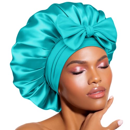 BONNET QUEEN Double Layer Silk Bonnet for Sleeping for Women Satin Lined Bonnet Night Cap for Curly Hair with Tie Band, Single Layer, Aqua Blue