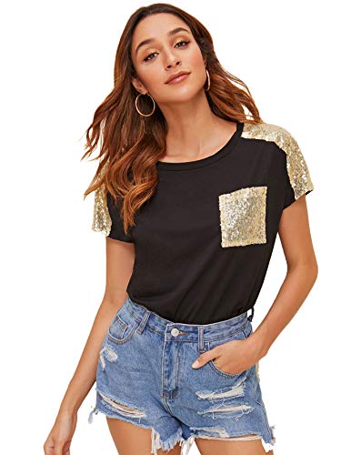 SweatyRocks Women's Casual Contrast Sequins Summer T Shirts Short Sleeve Solid Plain Tee Tops