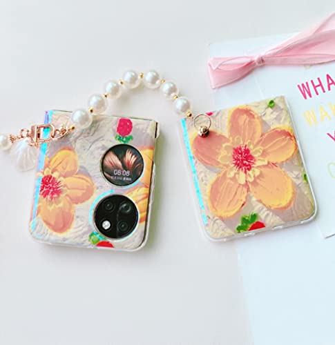 Pretty Girls Case For Galaxy Z Flip 3 Pearl Strap Golden Camellia Oil Painting, Cute Wristband Phone Case For Samsung Z Flip 3 Elegant Ornament, Girly Floral Case For Z Flip 3 #TOP4