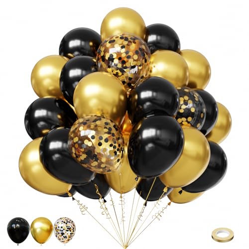 Image of Lukiituke Black and Gold Balloons, 60Pcs Gold and black Birthday Balloons | 12in Latex Balloon for Birthday Wedding Graduation Engagement Party Decorations