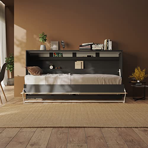 Schrankbett Standard 90x200 Horizontal Anthrazit/Wildeiche ausklappbares Wandbett, ideal geeignet als Wandklappbett fürs Gästezimmer, Büro, Wohnzimmer, Schlafzimmer, HL09 – Bild 5