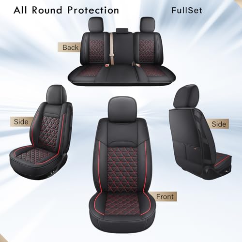 Image of Coverado Leather Car Seat Covers, Waterproof Dooge Ram 1500 Seat Covers Compatible with 2002-2026 Dodge Ram 1500 2500 3500 with Flat Bench (Full Set, Black&Red line)