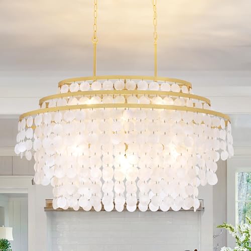 Wellmet Chandelier for Dining Room,Modern Coastal Chandelier Gold, Capiz Shell Light Fixture, Boho Pendant Lights Over Kitchen Island, Living Room Ceiling Lighting 40 Inch - Image 9
