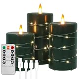 PinnWaa Wiederaufladbare Flammenlose Kerzen 3er-Pack, Eingebettete Lichterkette LED-Kerzen aus Echtwachs, mit Fernbedienung und Timer, Tanzende Flamme, Flackerlicht für Zuhause, Hochzeit - Grün