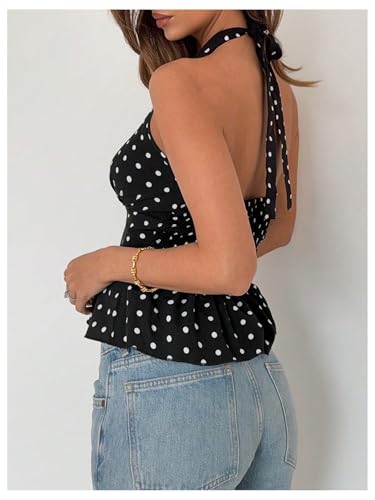 MakeMeChic Women's Polka Dots Halter Tops V Neck Tie Back Wrap Shirt Sleeveless Cami Top3