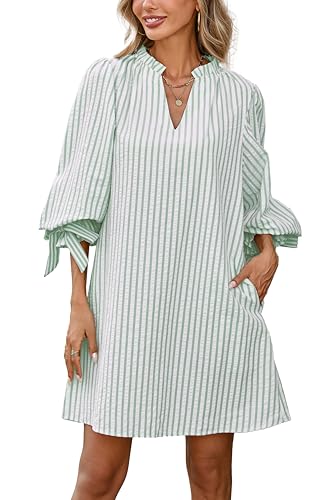 Image of EZAPINE Striped Dress for Women V Neck 3 /4 Bow Puff Sleeve Summer A Line Flowy Shirt Dress with Pockets