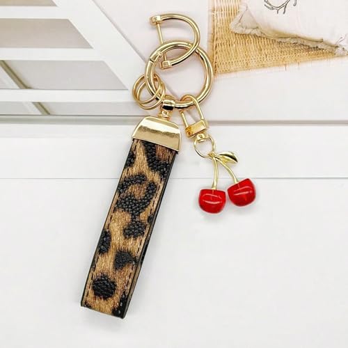Angyape Cherry Keychain Wristlet Leather Car Keychain for Women Cute Purse Bag Charms Key Fob Holder with Keyrings Gifts - Image 6