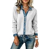 Women's Cardigan Sweaters Denim Patchwork Trim Knitted Tops Long Sleeve Button...