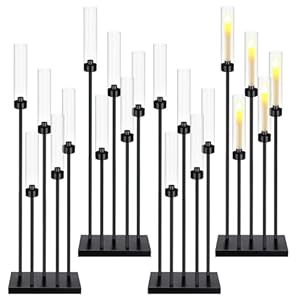Tessco for you 4 Pcs Christmas Floor Black Candelabra Table Centerpieces 42.5” 5 Arm Tall Metal Candle Holder Candlestick with Acrylic Lampshades Pillar Taper Candle Stand for Wedding Dining Party
