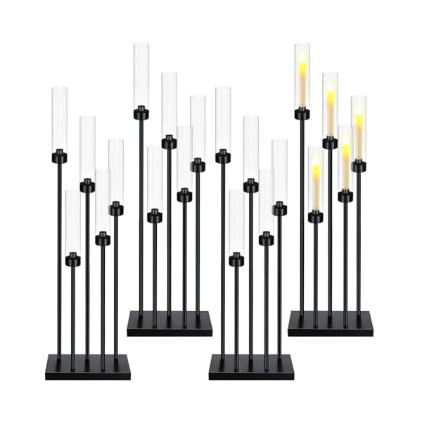 Tessco for you 4 Pcs Christmas Floor Black Candelabra Table Centerpieces 42.5” 5 Arm Tall Metal Candle Holder Candlestick with Acrylic Lampshades Pillar Taper Candle Stand for Wedding Dining Party