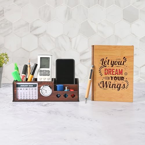 Image of Gift Kya De Desk Organizer with Wooden Diary, Bamboo Pen, 2026 Calendar, Clock, and 4 Compartments - Elegant Wooden Table Organizer for Office and Home Use (Combo 1)