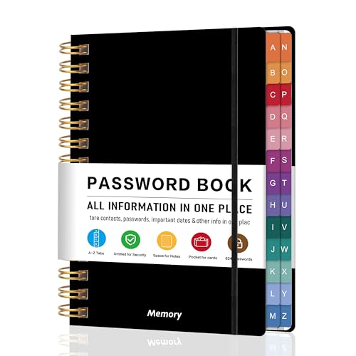 Spiral Password Book with Alphabetical Tabs - 5.8" X 8.2" Small Password Keeper Book with Inner Pocket for Seniors , Large Print, Hardcover, 450 Logins – Internet Password Organizer Notebook for Home & Office Use