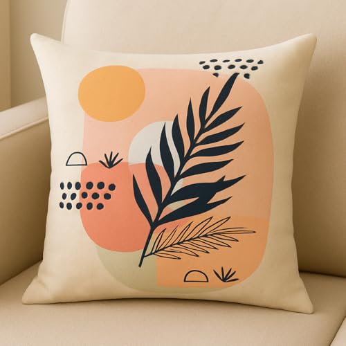 FABANE Jute Cushion Cover 24x24 Inch – Set of 1 Decorative Throw Pillow Covers for Sofa, Couch or Bed – Designer Printed Square Cushion Covers – Home Décor (Peach Leaf)