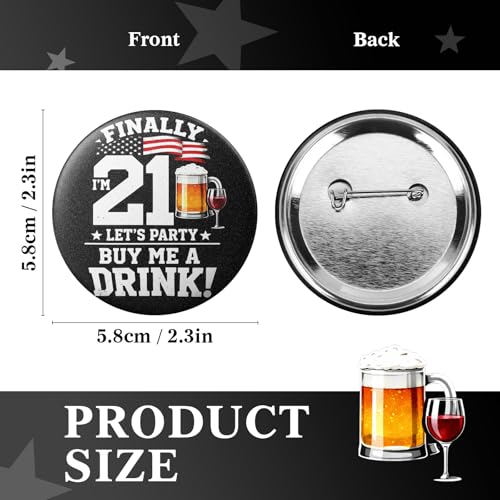 21st Birthday Decorations Button – Finally I'm 21 Let's Party Birthday Badge, Funny Turning 21 Party Button Pin, Legal Drinking Age Celebration Accessory for Bar Crawl, Pub Party & Birthday Party Favor