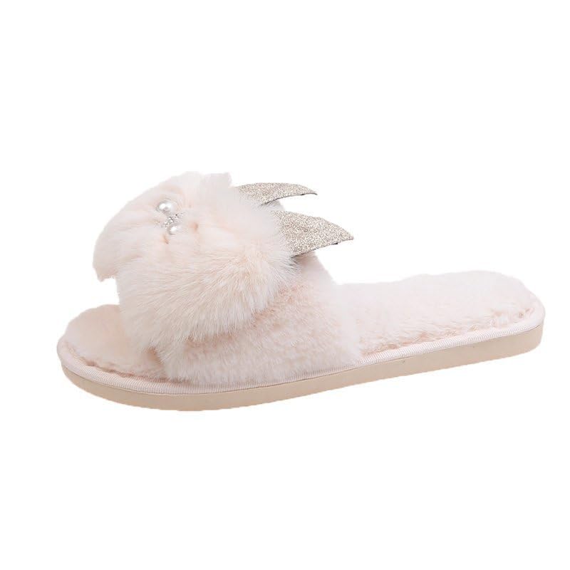 Rabbit Ear Slippers for Woman Bowknot Open Toe Fuzzy Slipper Fuzzy Plush Soft Warm Home Bedroom House Shoes