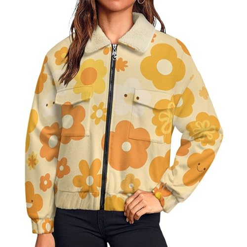 Manteaux femmes hiver doublé polaire blouson ample jaune à imprimé