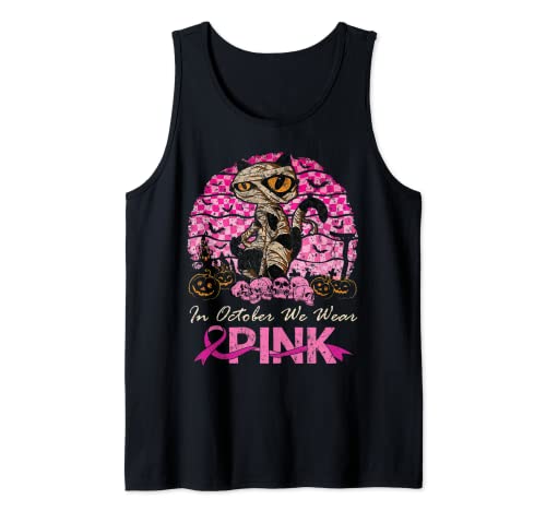 In October We Wear Pink Breast Cancer Mummy Cat Halloween Camiseta sin Mangas