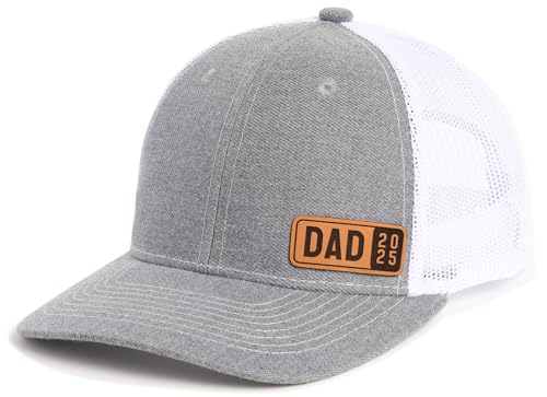 Image of Dad Est 2025 Hat for Men 1st Time Expectant New Dad to be Gifts for First Fathers Day Leather Patch Trucker Hat Grey White