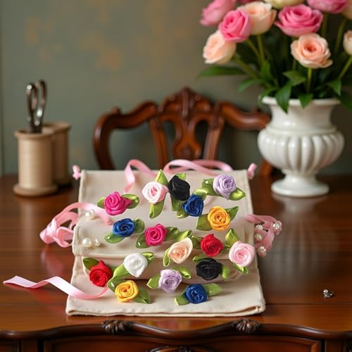 100 Pcs Multicolor Mini Ribbon Rose Flower Ornament, Mixed Color Roses Trim and for Skirt Decor, Satin Fabric Rose Buds with Leaves and Embellishments,Trim and Embellishments,Fabric Ribbons