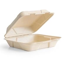 Vegware Compostable 9" Clamshell To Go Containers, Case of 200, Reclaimed Natural Fiber, For Cold or Hot Food, Large Take Out Food Box, Tree-Free, Doesnt Trap Condensation