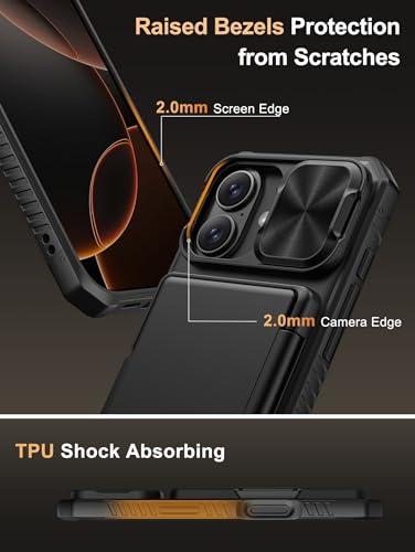 Image of Vihibii for iPhone 16 Case with [2X Screen Protector], Built-in Card Holder (4 Cards), [RFID Blocking] & Slide Camera Cover & Tempered Glass Films, Rugged Wallet Case for 16 6.1 inch 2024, Black