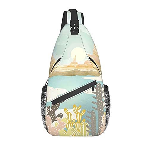Vintage Desert Oasis Cactus Sling Bag For Women Men Travel Hiking Casual Daypack Crossbody Shoulder Backpack Unisex Chest Bags Water Resistant Rucksack