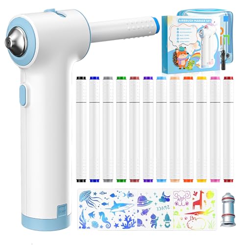 YAOBLUESEA Elektrischer Farbsprühstift, Enthält 12 doppelseitige Marker, Airbrush Set für Kinder,Auswaschbare Pigmente, Dieses Airbrush Set Kinder eignet sich perfekt zum Malen und Basteln. (Blau)