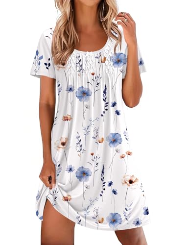 Image of Ekouaer Nightgowns for Women Pleated Sleep Shirts Short Sleeve Night Shirts Lace Trim Night Gown Ladies Sleep Dress