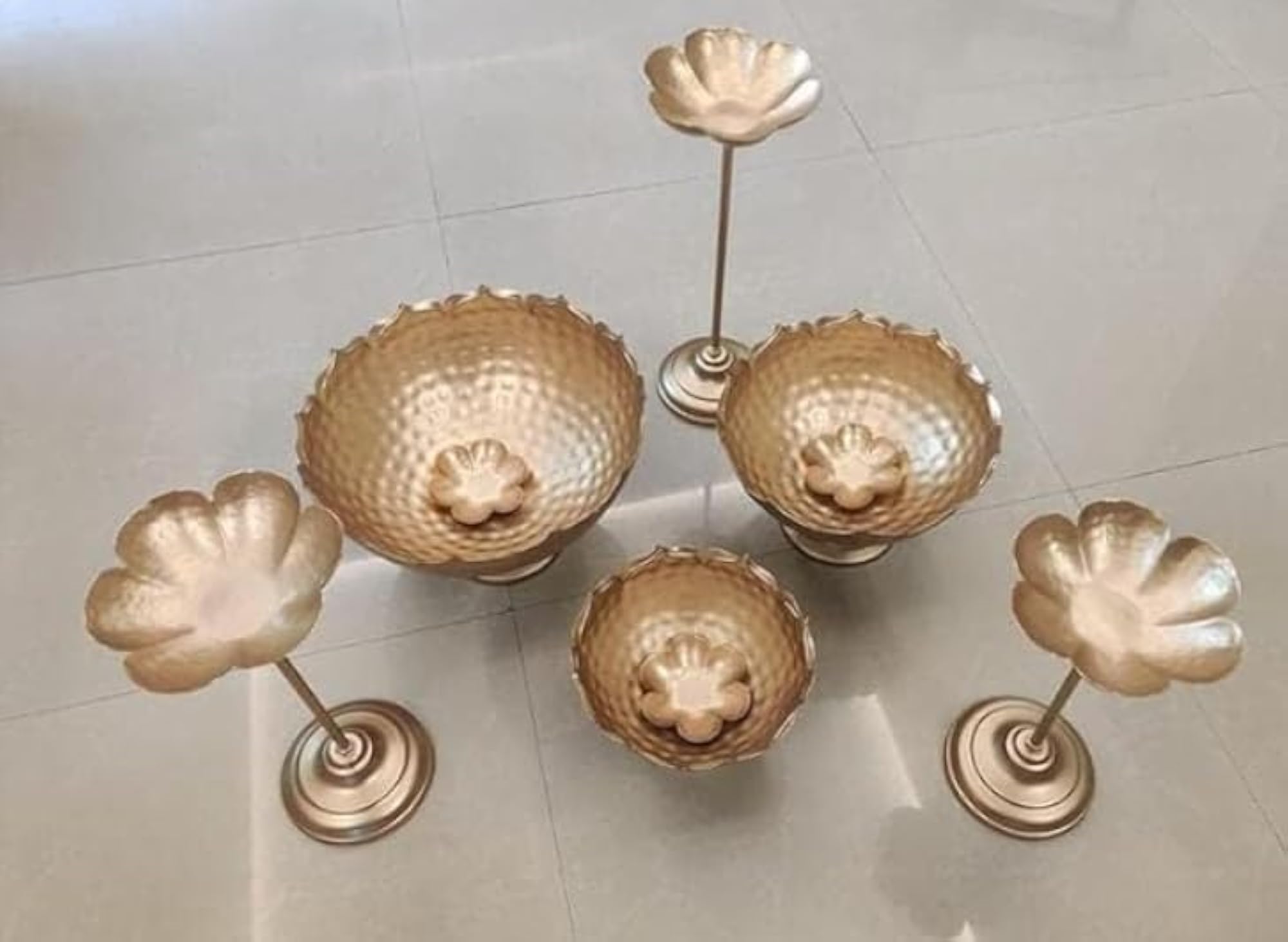 Handcrafted Gold Metal Flower Candle Holders Set
