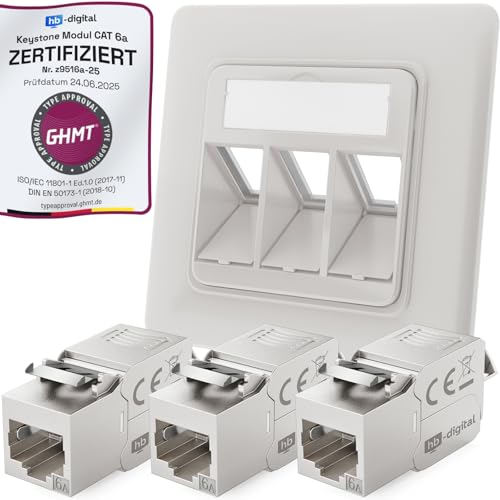 HB-DIGITAL 3-Port CAT 6a Netzwerkdose mit GHMT zertifiziertes Keystone max. 10 GBit/s Unterputz Netzwerkdose RJ45 Buchse STP Geschirmt Datendose LAN Dose - Signalweiß