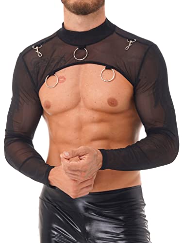 TiaoBug Herren Wetlook Top Lange Ärmel Shrug Shirt Oberteile Lackoptik Erotik Glanz Unterwäsche Clubwear Transparent XL Cover