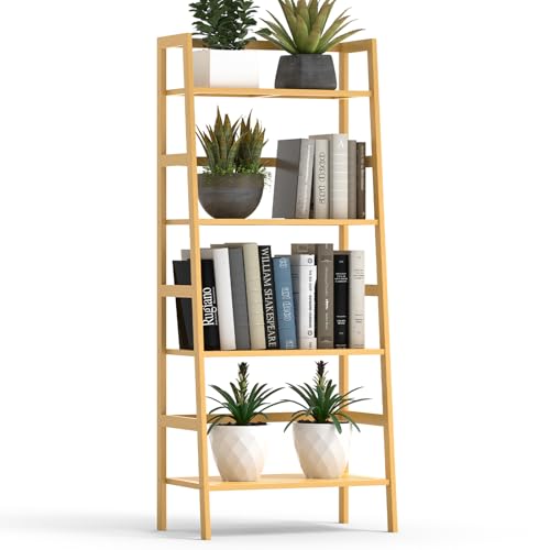 Thalomely Bamboo Bookshelf 4-Tier Ladder Shelf Freestanding Space Saver Open Bookcase Book Shelf Bamboo Storage Shelving Unit Flower Plant Stand for Living Room Bathroom Home Office Natural