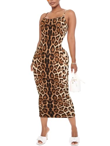 Image of Women's Midi Bodycon Tight Dress - Spaghetti Strap Summer Casual Leopard Cheeath Print Club Party Long Fitted Slip Dresses