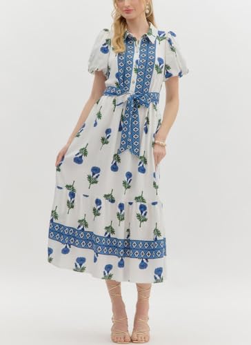 Image of Women Patchwork Dress Y2k Floral Puff Short Sleeve Maxi Dress Summer Boho Smocked Tiered Ruffle Beach Sundress