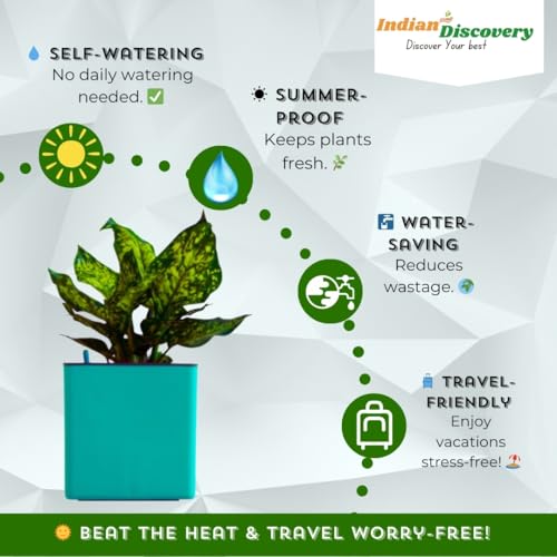 Image of Indian Discovery Self Watering Tabletop Planter| Flower Pots for Home, Terrace, Balcony, Vertical Garden Decor Flower Pots(1 PC, Peacock Green, Square) |6 Inch UV-Resistant Plastic Plant Pots
