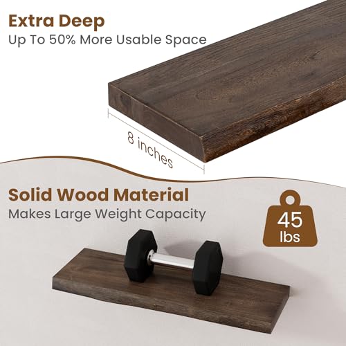 Image of Floating Shelves for Wall Decor, Rustic Solid Elm Wood Live Edge Floating Shelves Wall Mounted, Wall Shelves with Invisible Bracket for Living Room Bathroom Bedroom Kitchen, 24 Inch Set of 2, Walnut