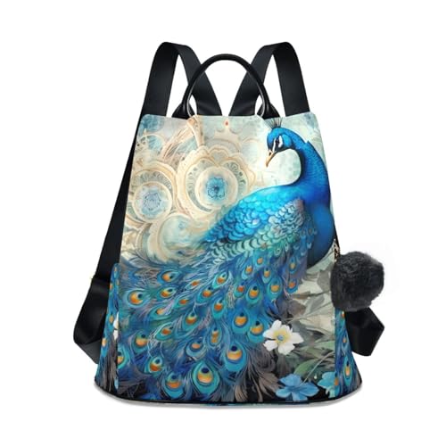 Sac à dos femme bleu paon floral antivol sac de voyage poche zippée