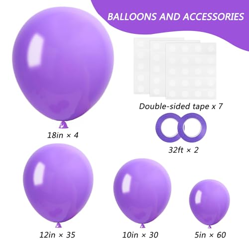 Image of RUBFAC Purple Balloons 129pcs, Lavender Lilac Purple Balloon Arch Kit, Different Sizes 18 12 10 5 Inch for Masquerade Party Decorations Engagement Bachelorette Birthday Bridal Baby Shower Supplies