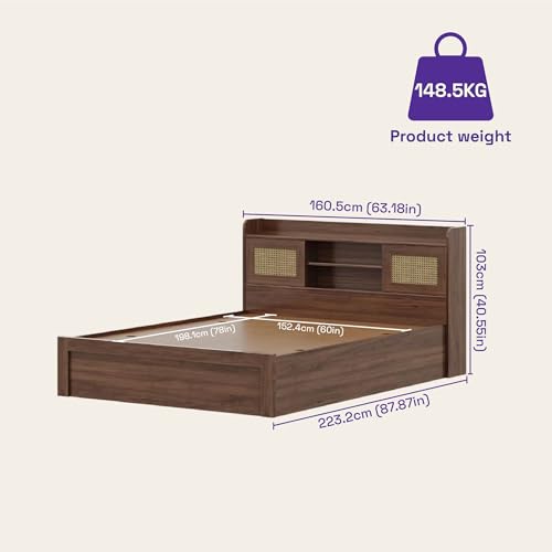 Image of Wakefit Bed | 3 Yr Warranty | Bed Queen Size, Comes with Storage Box, Noise-Free, Density: 680-750 kg /m, Termite & Borer Resistant, Fits Mattresses Up to 8 inches (Tesser 78 x 60 - Columbian Walnut)